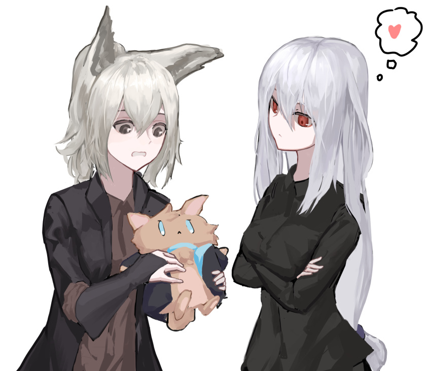 2girls animal_ears arknights bangs black_gloves black_jacket black_shirt breasts bridal_gauntlets brown_shirt commentary crossed_arms gloves grani_(arknights) grey_eyes hair_between_eyes heart highres holding holding_stuffed_animal jacket long_hair long_sleeves medium_breasts multiple_girls no_hat no_headwear open_mouth red_eyes shirt short_hair silver_hair simple_background skadi_(arknights) stuffed_animal stuffed_toy thought_bubble upper_body white_background wildbori