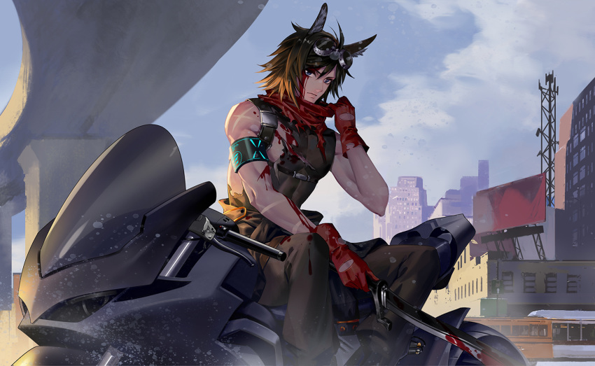 1boy animal_ears arknights armband awer billboard black_pants bleeding blood blood_on_face brown_hair building bus courier_(arknights) deep_wound gloves ground_vehicle hand_up holding holding_weapon injury male_focus motor_vehicle motorcycle outdoors pants red_gloves red_scarf scar scarf sitting sleeveless solo weapon
