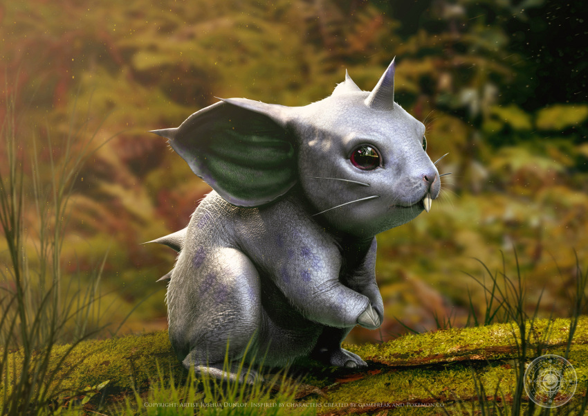 creature day full_body gen_1_pokemon grass highres horn joshuadunlop nidoran nidoran_(female) no_humans outdoors pokemon pokemon_(creature) realistic solo violet_eyes