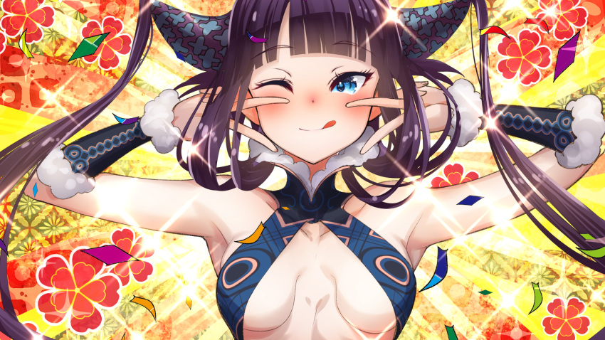 1girl armpits bangs bare_shoulders black_dress blue_eyes blunt_bangs blush breasts center_opening china_dress chinese_clothes closed_mouth cluseller confetti detached_sleeves double_v dress emotional_engine_-_full_drive fate/grand_order fate_(series) floral_print hair_ornament hands_up highres licking_lips long_hair looking_at_viewer medium_breasts one_eye_closed orange_background parody purple_hair sidelocks smile solo sparkle striped striped_background tongue tongue_out twintails v very_long_hair yang_guifei_(fate/grand_order) yellow_background