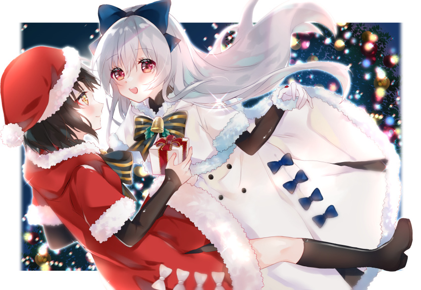 2girls adapted_costume alternate_costume bell black_hair bodystocking boots bow bowtie capelet caws_(girls_frontline) christmas coat commentary_request dutch_angle eyelashes fur-trimmed_capelet fur-trimmed_coat fur-trimmed_sleeves fur_collar fur_trim gift girls_frontline grey_hair hair_bow hat highres holding holding_gift ichigota_ruto knee_boots lights long_hair long_sleeves looking_at_another multiple_girls night open_mouth pantyhose red_eyes santa_costume santa_hat short_hair smile striped striped_bow tokarev_(girls_frontline) very_long_hair white_coat yellow_eyes
