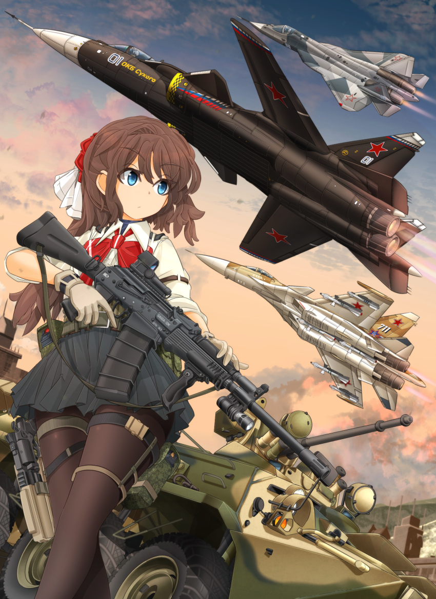 1girl aircraft airplane arm_garter assault_rifle bangs belt black_legwear black_skirt blue_eyes blue_sky bow bowtie brown_hair btr-80 closed_mouth clouds cloudy_sky collared_shirt commentary_request cyrillic dusk dutch_angle english_commentary eyebrows_visible_through_hair fighter_jet gloves gradient_sky grey_belt grey_gloves ground_vehicle gun hair_ornament hair_scrunchie handgun highres holding holding_gun holding_weapon holster jet long_hair mikeran_(mikelan) military military_vehicle miniskirt motor_vehicle multiple_others orange_sky original outdoors pantyhose pleated_skirt red_neckwear red_scrunchie rifle roundel russian_text saiga-12 scrunchie shirt skirt sky sleeves_rolled_up su-37 su-47_berkut su-57 thigh_holster thigh_pouch thigh_strap translated weapon white_shirt
