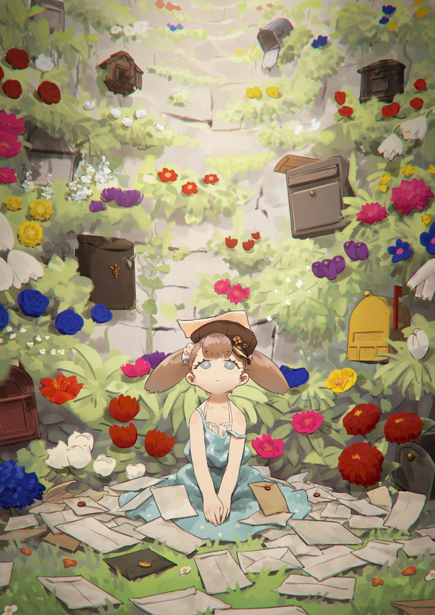 0x3 1girl bangs black_headwear blue_dress blue_eyes blue_flower blunt_bangs brown_hair cabbie_hat child clock cuckoo_clock dress envelope flower grass hands_together hat hat_ornament highres letter looking_up mailbox_(incoming_mail) medium_hair on_ground original pink_flower plant purple_flower red_flower sitting solo strap_slip twintails v_arms wax_seal white_flower wide_shot yellow_flower
