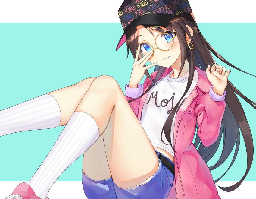 1girl \||/ adjusting_eyewear aqua_eyes baseball_cap black_hair blue_eyes blue_shorts blush clothes_writing earrings glasses hachinatsu hand_up hat highres hoop_earrings idolmaster idolmaster_shiny_colors jacket jewelry kneehighs knees_up long_hair long_sleeves looking_at_viewer mitsumine_yuika pink_jacket round_eyewear shirt shorts simple_background sitting smile solo t-shirt white_legwear white_shirt