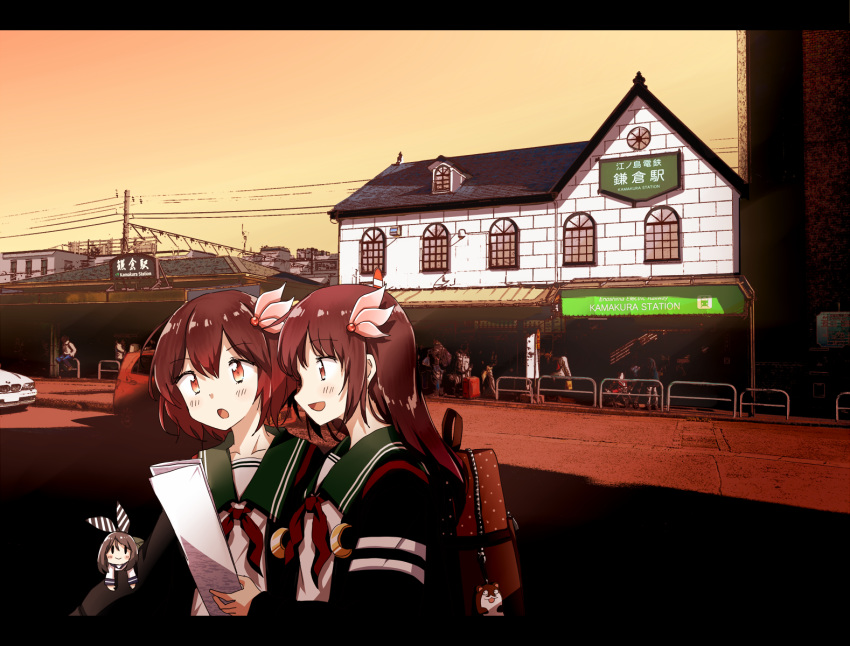 2girls any_(lucky_denver_mint) black_jacket bmw brown_backpack brown_eyes brown_hair car commentary_request crescent crescent_moon_pin daihatsu daihatsu_max eyebrows_visible_through_hair fairy_(kantai_collection) gradient_hair green_sailor_collar ground_vehicle highres jacket kamakura_(city) kantai_collection kisaragi_(kantai_collection) long_hair motor_vehicle multicolored_hair multiple_girls mutsuki_(kantai_collection) redhead remodel_(kantai_collection) sailor_collar school_uniform serafuku short_hair train_station upper_body