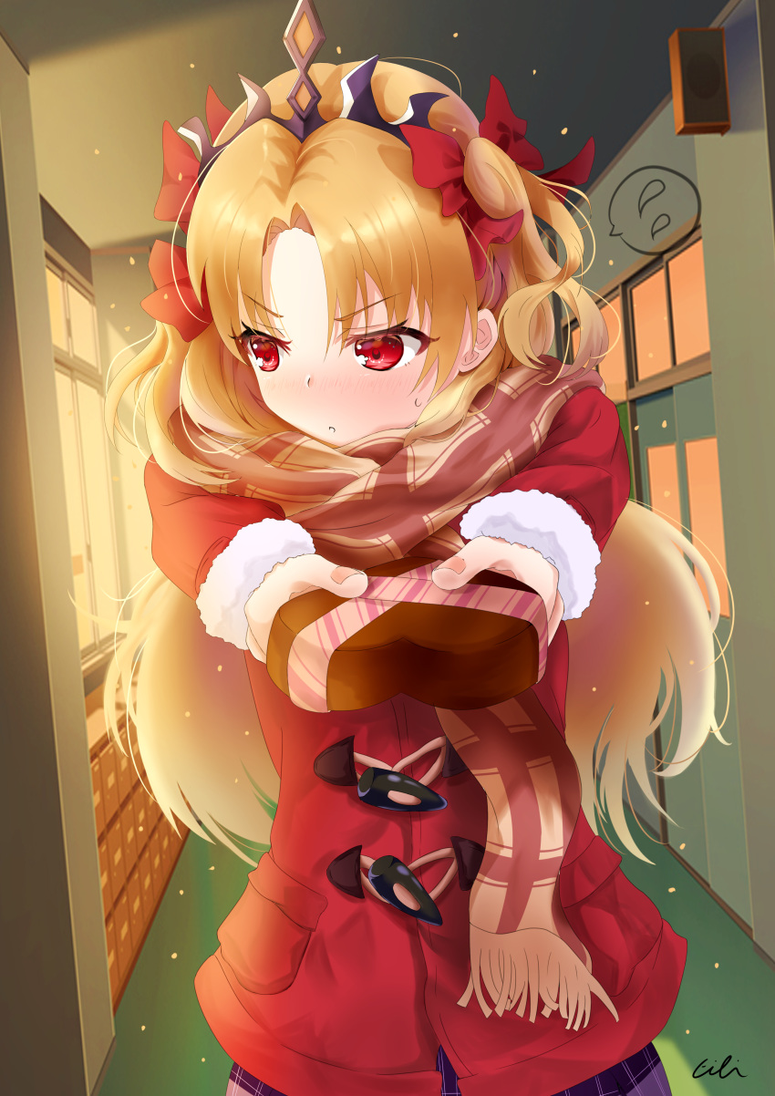 1girl absurdres bangs blonde_hair blush bow chocolate coat duffel_coat embarrassed ereshkigal_(fate/grand_order) eyebrows eyebrows_visible_through_hair fate/grand_order fate_(series) hair_bow highres indoors long_hair long_sleeves open_mouth outstretched_arms parted_bangs red_bow red_coat red_eyes scarf signature skirt solo speech_bubble spoken_sweatdrop sunlight sweatdrop tiara user_saxg4433 valentine window