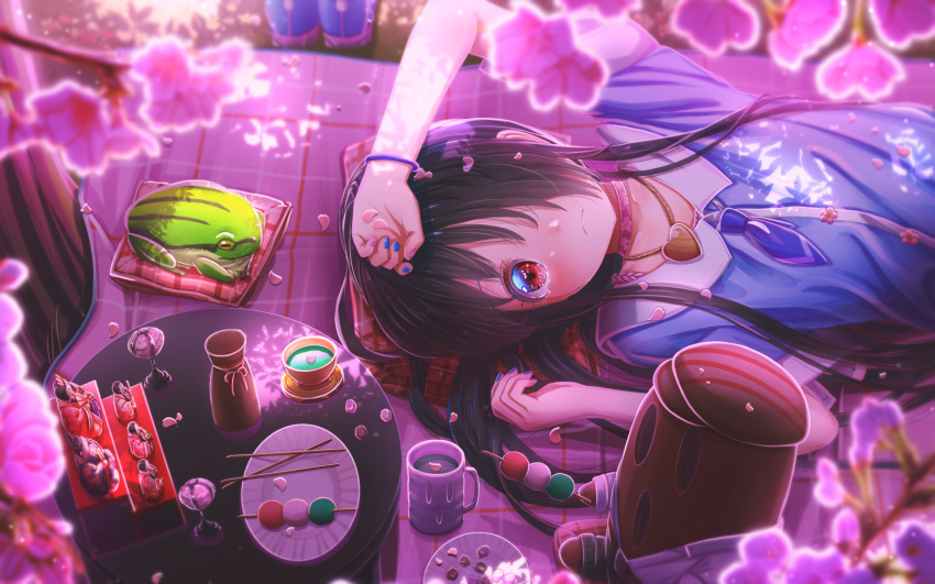 1girl abo_(kawatasyunnnosukesabu) blue_footwear blue_nails blue_neckwear blue_shirt blush cherry_blossoms collared_shirt commentary_request cup dango food frog frown hair_over_one_eye hanami hands_up haniwa_(statue) heart highres hina_ningyou hinamatsuri looking_at_viewer lying mug multicolored multicolored_nails nail_polish necktie on_back original outdoors petals picnic pink_nails planet plate red_eyes sanshoku_dango shirt shoes_removed short_sleeves solo spring_(season) table wagashi