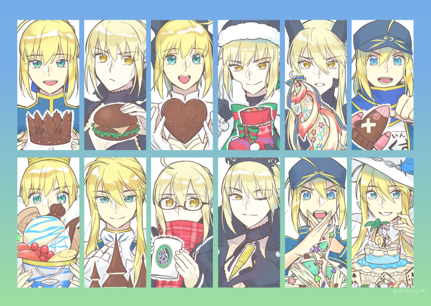 absurdres ahoge artoria_pendragon_(all) artoria_pendragon_(lancer) artoria_pendragon_(swimsuit_archer) artoria_pendragon_(swimsuit_rider_alter) artoria_pendragon_(swimsuit_ruler)_(fate) baseball_cap blonde_hair bullet cake candy card chocolate chocolate_heart christmas_stocking coffee_mug commentary_request crown cup fate/grand_order fate_(series) food glasses gradient_border green_eyes hamburger hat heart highres ice_cream mug mysterious_heroine_x mysterious_heroine_x_(alter) mysterious_heroine_xx_(foreigner) one_eye_closed playing_card saber saber_alter saber_lily santa_alter santa_hat scarf smile sun_hat tiara twitter_username valentine yellow_eyes