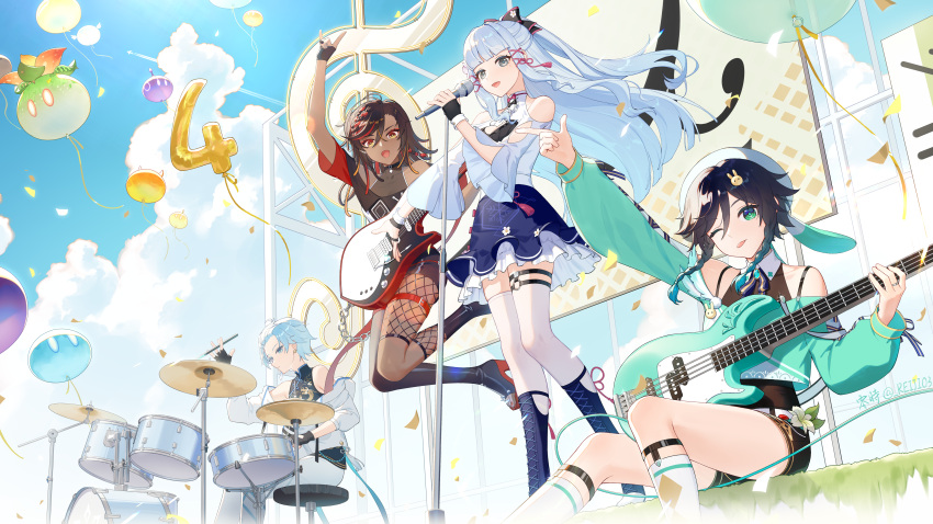2boys 2girls absurdres ahoge animal_ears aqua_hair bangs bare_legs bare_shoulders bass_guitar black_gloves black_hair blue_eyes blue_hair blue_skirt blue_sky blunt_bangs bodysuit boots braid breasts brown_hair chinese_text chongyun_(genshin_impact) closed_mouth cloud clouds concert confetti dark-skinned_female dark_skin day drum drumsticks earrings electric_guitar fingerless_gloves fishnet_pantyhose fishnets forehead genshin_impact gloves gradient_hair green_eyes grey_eyes guitar hair_between_eyes hair_ornament hat high_heels highres holding holding_instrument instrument jacket jewelry kamisato_ayaka knee_up leg_up long_hair long_sleeves microphone multicolored_hair multiple_boys multiple_girls music off_shoulder official_art one_eye_closed open_clothes open_mouth pants pantyhose playing_instrument ponytail rabbit_ears rabbit_hat ribbon rj_(lingshih10) short_hair short_sleeves sitting skirt sky sleeveless slime_(genshin_impact) small_breasts smile streaked_hair thighhighs tongue tongue_out twin_braids twintails twitter_username two-tone_hair venti_(genshin_impact) white_legwear white_pants white_pantyhose xinyan_(genshin_impact)