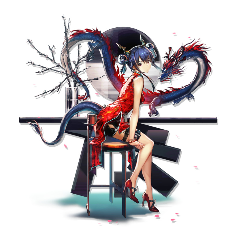 1girl arknights bangs bare_arms bare_legs bare_shoulders bead_bracelet beads bike_shorts black_shorts blue_hair bracelet branch breasts ch'en_(arknights) chair china_dress chinese_clothes double_bun dragon dress eastern_dragon from_side full_body head_tilt high_heels highres horns jewelry long_hair looking_at_viewer medium_breasts official_art petals red_dress red_eyes red_footwear shadow short_shorts shorts side_slit sidelocks sitting sleeveless sleeveless_dress solo tail thigh_strap thighs transparent_background yui_(niikyouzou)