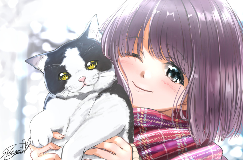 1girl bangs blue_eyes blurry blurry_background cat commentary_request day depth_of_field eyebrows_visible_through_hair head_tilt holding holding_cat looking_at_viewer one_eye_closed original outdoors plaid plaid_scarf purple_hair scarf short_hair signature smile solo soragane_(banisinngurei) upper_body winter