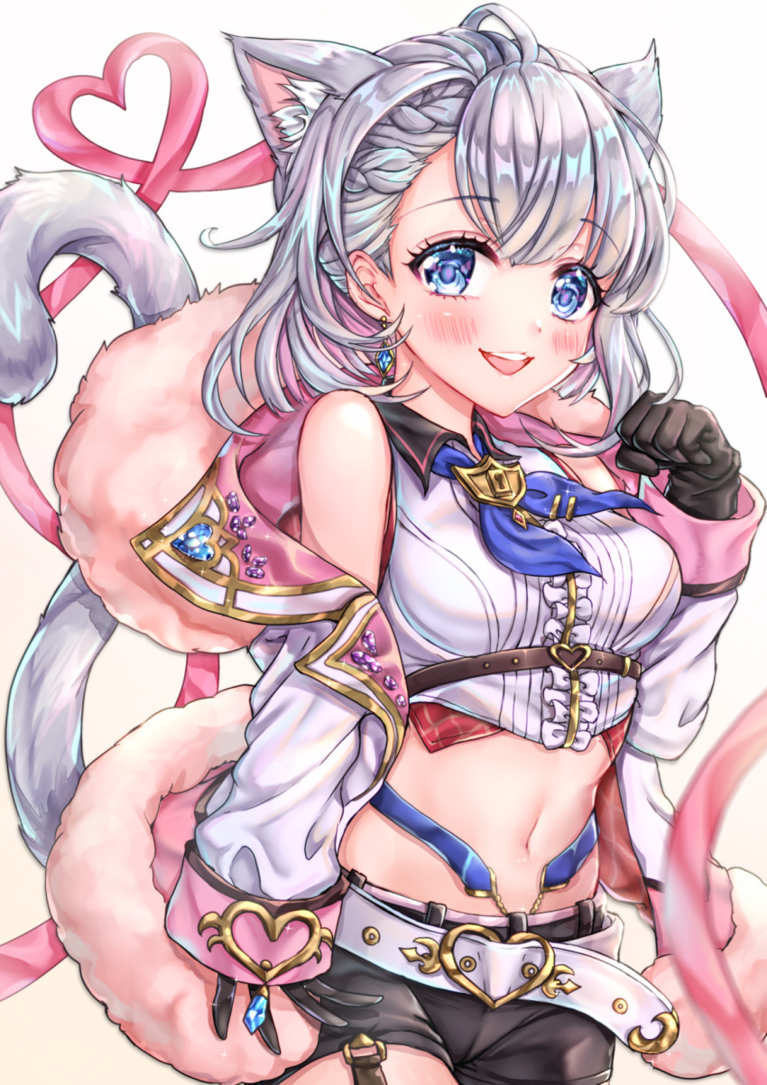 1girl :d animal_ear_fluff animal_ears asymmetrical_bangs bangs belt belt_buckle black_gloves black_shorts blue_eyes blue_neckwear blurry_foreground blush braid breasts buckle cat_ears cat_tail center_frills clenched_hand collared_shirt commentary_request cowboy_shot crop_top diamond_earrings earrings eyebrows_visible_through_hair fur-trimmed_jacket fur_trim garter_straps gem glint gloves hand_up heart highres jacket jewelry keyhole looking_at_viewer medium_breasts medium_hair midriff navel neckerchief off-shoulder_jacket open_mouth paw_pose pink_ribbon ribbon shironeko_project shirt short_shorts shorts sidelocks silver_hair simple_background sleeveless sleeveless_shirt smile solo tail tail_raised tamaso tina_(shironeko_project) underbust upper_teeth white_background white_belt white_shirt