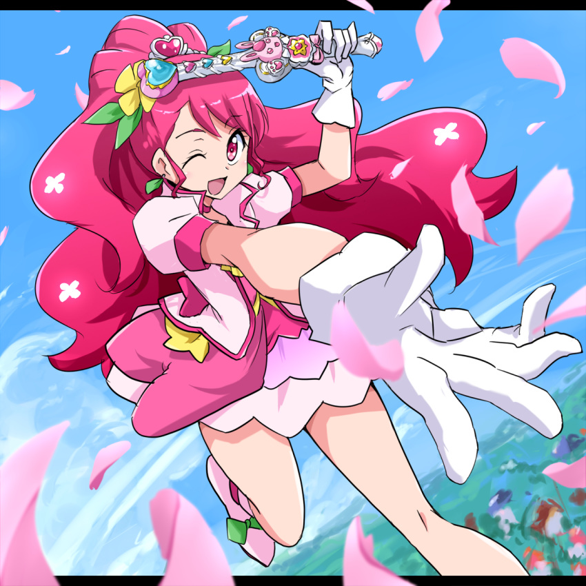 1girl ;d bare_legs choker cure_grace dutch_angle gloves hair_ornament hanadera_nodoka healin'_good_precure heart heart_hair_ornament highres holding holding_wand layered_skirt letterboxed long_hair looking_at_viewer magical_girl one_eye_closed open_mouth out_of_frame outstretched_hand petals pink_eyes pink_hair pink_neckwear pink_skirt precure shoes skirt sky smile solo uraki wand white_footwear white_gloves