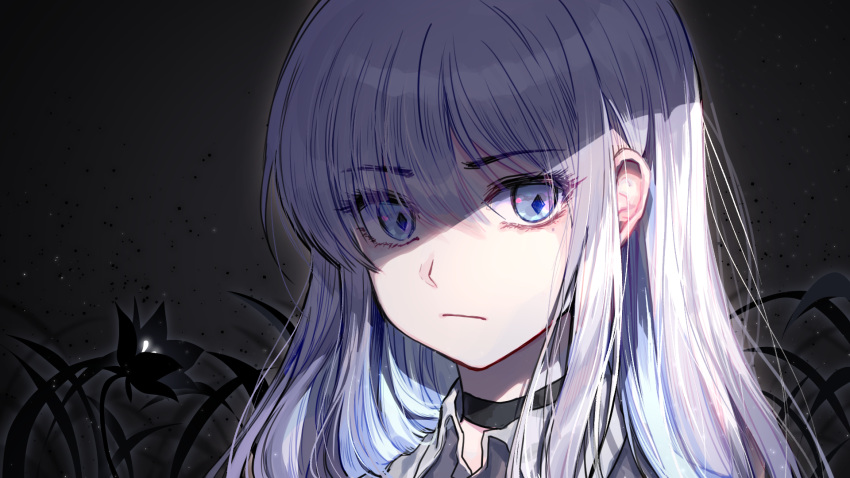 1girl bangs black_choker black_flower black_shirt blue_eyes choker closed_mouth collared_shirt commentary english_commentary eyebrows_visible_through_hair flower glowing grey_background hair_between_eyes highres long_hair looking_at_viewer mechuragi original portrait shirt silver_hair solo