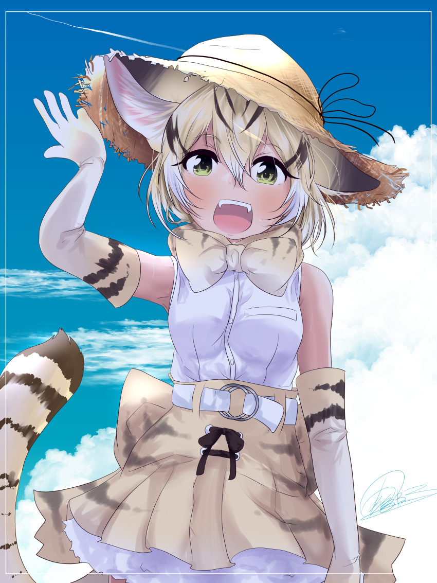 1girl :d absurdres amemiya_neru animal_ear_fluff animal_ears bangs bare_shoulders belt blue_sky cat_ears cat_tail clouds day elbow_gloves extra_ears fangs gloves green_eyes hair_between_eyes hand_up hat highres kemono_friends looking_at_viewer multicolored_hair open_mouth outdoors petticoat print_gloves print_neckwear print_skirt sand_cat_(kemono_friends) sand_cat_print shirt short_hair skirt sky sleeveless sleeveless_shirt smile solo straw_hat tail white_hair white_shirt