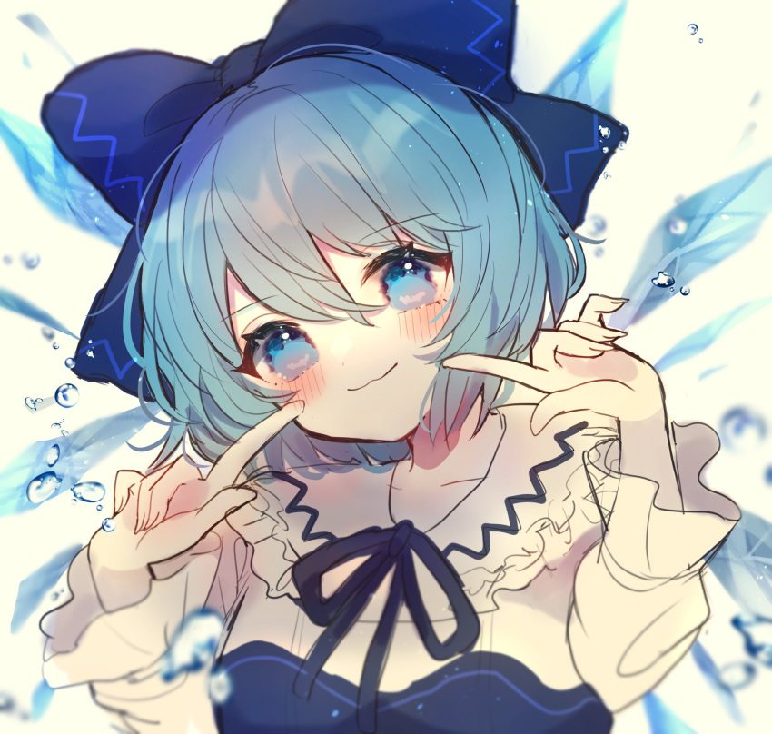 1girl alternate_costume bangs blue_bow blue_eyes blue_hair blue_neckwear blue_ribbon blush bow chikuwa_(tikuwaumai_) cirno commentary_request eyebrows_visible_through_hair grey_background hair_between_eyes hair_bow hands_up head_tilt highres ice ice_wings index_fingers_raised long_sleeves looking_at_viewer neck_ribbon ribbon shirt short_hair simple_background smile solo touhou upper_body water_drop white_shirt wings