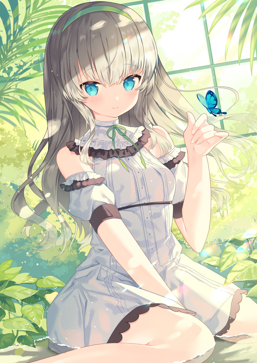 1girl animal bangs bare_shoulders between_legs blue_eyes blush bug butterfly closed_mouth commentary_request detached_sleeves dress eyebrows_visible_through_hair feet_out_of_frame green_hairband green_ribbon grey_hair hairband hand_between_legs hand_up highres ikari_(aor3507) indoors insect long_hair moe2020 neck_ribbon original plant puffy_short_sleeves puffy_sleeves ribbon shallow_water short_sleeves sitting sleeveless sleeveless_dress smile solo very_long_hair wariza water white_dress white_sleeves