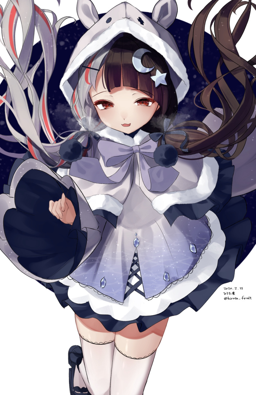 1girl :d animal_ears animal_hood black_footwear blue_dress breath brown_hair bunny_hood capelet commentary_request crescent crescent_hair_ornament dated dress fake_animal_ears fur-trimmed_capelet fur_trim grey_capelet grey_hair hair_ornament hairclip highres hirota_fruit hood hood_up hooded_capelet long_sleeves multicolored_hair nijisanji open_mouth rabbit_ears red_eyes redhead shoes sleeves_past_wrists smile solo standing standing_on_one_leg star star_hair_ornament streaked_hair thigh-highs twitter_username two-tone_hair virtual_youtuber white_background white_legwear wide_sleeves yorumi_rena