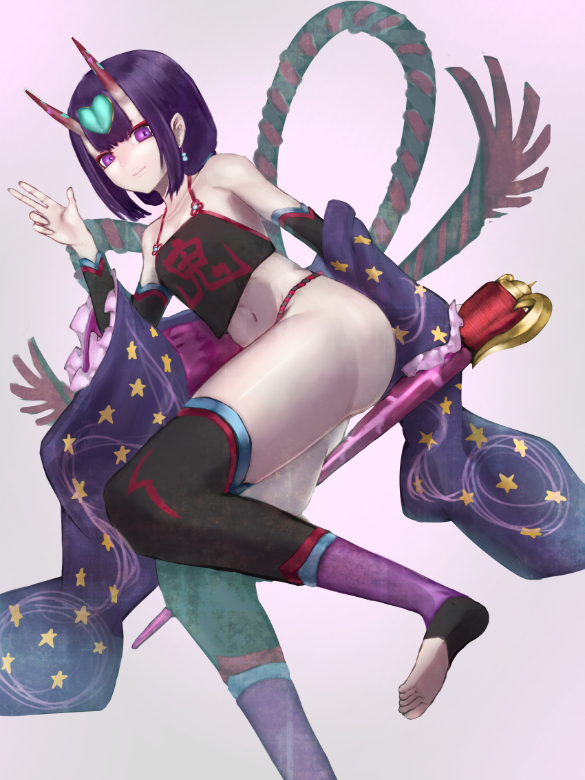 1girl absurdres aito breasts closed_mouth fate/grand_order fate_(series) feet highres japanese_clothes looking_at_viewer navel oni oni_horns purple_hair short_hair shuten_douji_(fate/grand_order) shuten_douji_(halloween_caster)_(fate) simple_background skin-covered_horns small_breasts smile solo violet_eyes