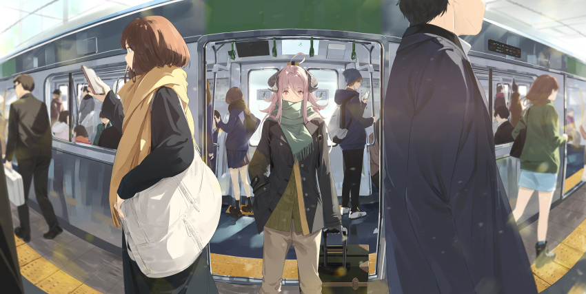 ahoge backpack bag blue_skirt brown_hair cellphone coat covered_mouth dragon_horns duffel_bag fisheye green_scarf ground_vehicle hand_grip hand_in_pocket head_out_of_frame highres holding holding_phone horns long_hair looking_at_screen looking_at_viewer original phone pink_hair pleated_skirt red_eyes rolling_suitcase scarf scarf_over_mouth school_uniform skirt smartphone somehira_katsu suitcase tactile_paving train train_interior train_station train_station_platform white_footwear yellow_scarf