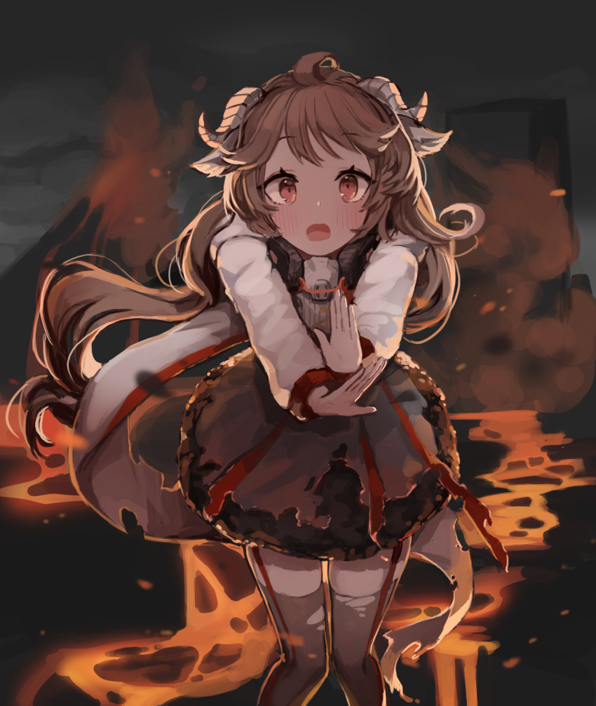 1girl ahoge animal_ears arknights black_dress brown_eyes brown_hair curled_horns dress eyjafjalla_(arknights) highres horns long_hair looking_at_viewer molten_rock open_mouth outstretched_arms pn_pixi sheep_ears sheep_horns solo standing thigh-highs torn_clothes torn_legwear very_long_hair zettai_ryouiki