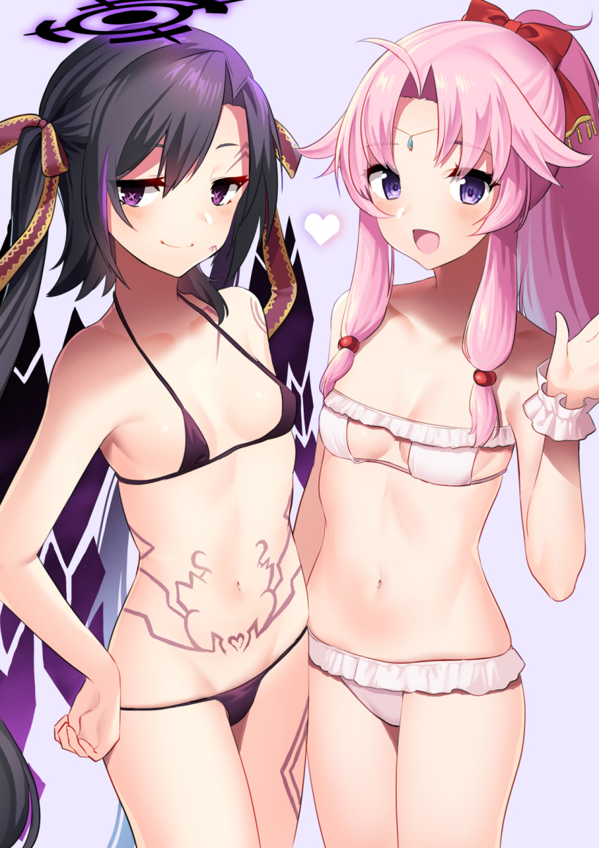 +_+ 2girls :d bikini black_bikini black_hair blush breasts chloe_(sennen_sensou_aigis) circlet eyepatch_bikini hand_on_hip highres iris_(sennen_sensou_aigis) long_hair looking_at_viewer micro_bikini mizuki_eiru_(akagi_kurage) multiple_girls navel open_mouth pink_hair ponytail pubic_tattoo purple_hair sennen_sensou_aigis sidelocks small_breasts smile swimsuit tattoo twintails very_long_hair violet_eyes white_bikini