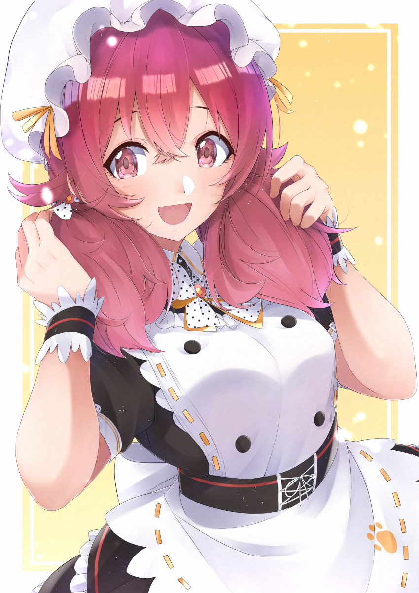 1girl :d absurdres apron bow bowtie commentary_request frilled_apron frilled_skirt frills hair_bow hat highres idolmaster idolmaster_shiny_colors komiya_kaho looking_at_viewer low_twintails maid medium_hair mob_cap neck_ribbon open_mouth puffy_short_sleeves puffy_sleeves red_eyes redhead ribbon short_sleeves skirt smile solo tutinako twintails upper_body wrist_cuffs