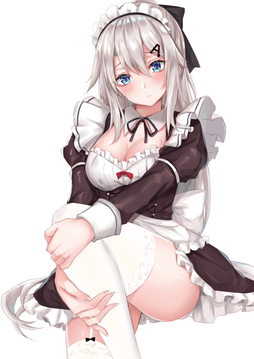 1girl 9a-91_(girls_frontline) alternate_costume apron bangs blue_eyes blush breasts coffeedog corset eyebrows_visible_through_hair frills garter_straps girls_frontline hair_between_eyes hair_ornament head_tilt highres juliet_sleeves large_breasts long_hair long_sleeves looking_at_viewer maid maid_headdress neck_ribbon puffy_sleeves ribbon silver_hair sitting solo thigh-highs very_long_hair white_legwear