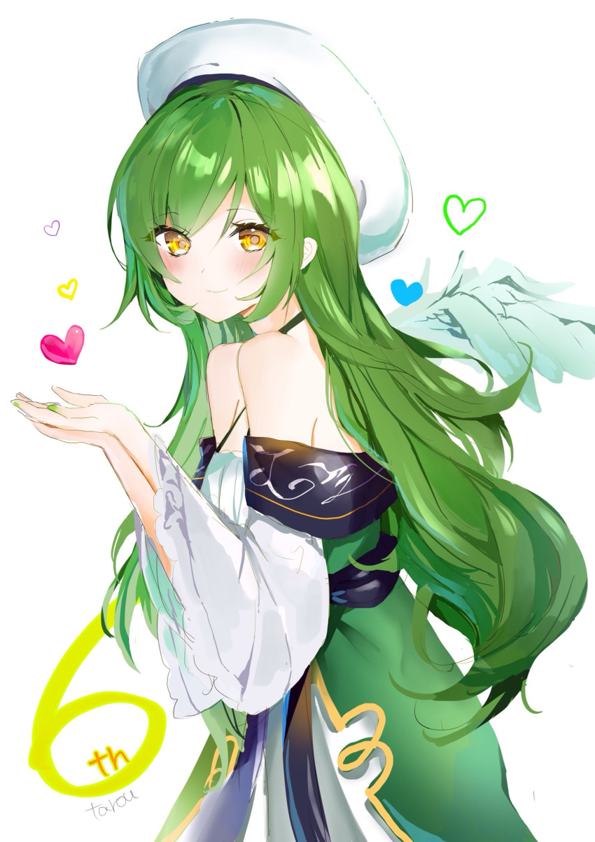 1girl angel_wings blush brown_eyes character_request closed_mouth copyright_request eyebrows_visible_through_hair green_hair hat heart highres hoerutarou long_hair looking_at_viewer off_shoulder smile solo very_long_hair white_headwear wings