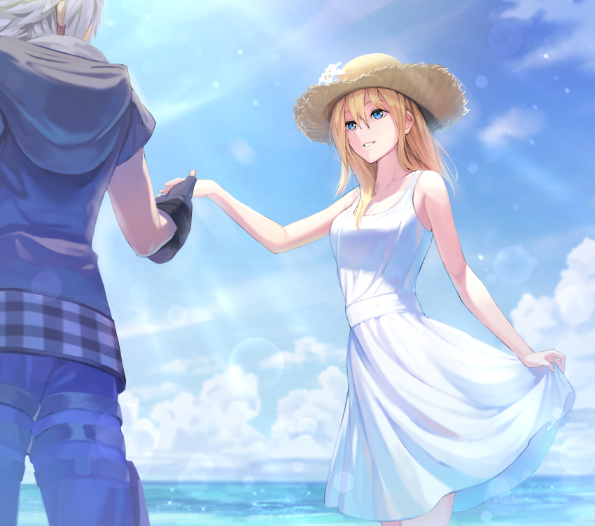 1boy 1girl bangs blonde_hair blue_eyes blue_jacket blue_pants blue_sky breasts clouds cloudy_sky collarbone dress eyelashes feet_out_of_frame fingerless_gloves gloves gogo_(detteiu_de) hat highres holding_hands jacket kingdom_hearts kingdom_hearts_iii lens_flare long_hair looking_at_another medium_breasts namine ocean pants parted_lips riku sidelocks silver_hair skirt_hold sky sleeveless straw_hat sundress sunlight white_dress