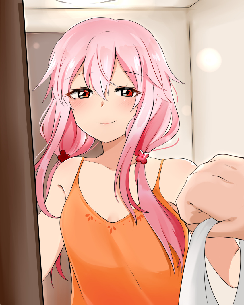 1girl absurdres bare_shoulders breasts casual guilty_crown hair_ornament hands highres long_hair looking_at_viewer pencilanon pink_hair pov red_eyes smile solo_focus third-party_source twintails yuzuriha_inori