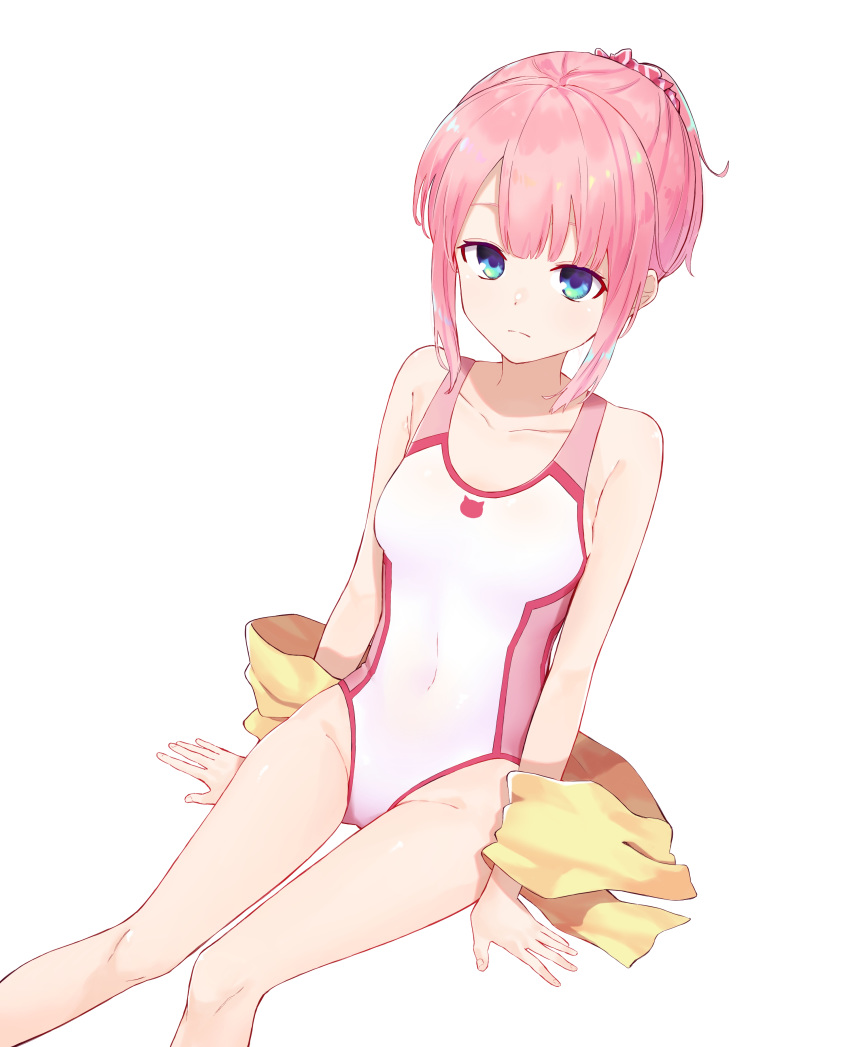 1girl absurdres blue_eyes breasts chiyoda_momo closed_mouth collarbone competition_swimsuit daifuku_(tkja3555) hair_ornament hair_scrunchie highres looking_at_viewer machikado_mazoku one-piece_swimsuit pink_hair pink_swimsuit ponytail scrunchie short_hair simple_background sitting small_breasts solo swimsuit towel white_background yellow_towel