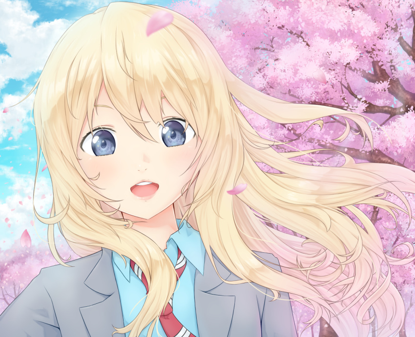 1girl blazer blonde_hair blue_eyes blue_shirt blue_sky cherry_blossoms clouds commentary eyebrows_behind_hair grey_jacket hair_between_eyes hair_blowing highres jacket kurenainoshi leaning_to_the_side long_hair looking_at_viewer loose_necktie miyazono_kawori necktie open_mouth outdoors petals red_neckwear school_uniform shigatsu_wa_kimi_no_uso shirt sky solo striped striped_neckwear tree upper_body upper_teeth very_long_hair wind