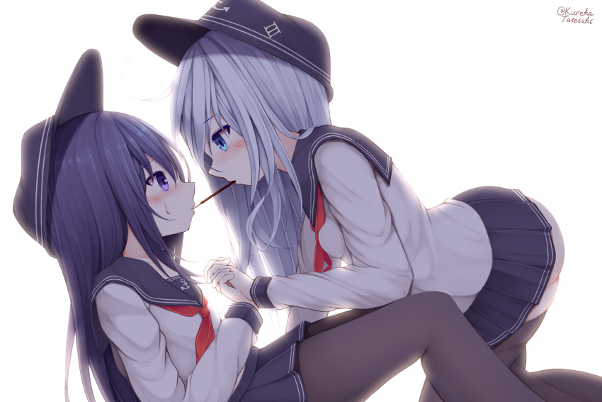 2girls akatsuki_(kantai_collection) anchor_symbol black_legwear blue_eyes blush commentary eye_contact flat_cap food hair_between_eyes hamayuu_(litore) hat hibiki_(kantai_collection) highres kantai_collection long_hair looking_at_another multiple_girls pantyhose pocky pocky_day pocky_kiss purple_hair school_uniform serafuku shared_food silver_hair skirt violet_eyes yuri