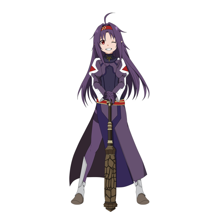 1girl ahoge covered_navel floating_hair full_body grin hair_intakes hands_on_hilt headband highres long_hair looking_at_viewer official_art one_eye_closed pantyhose pointy_ears purple_coat purple_hair purple_legwear red_eyes red_headband shiny shiny_hair smile solo standing sword_art_online thighband_pantyhose transparent_background very_long_hair violet_eyes yuuki_(sao)