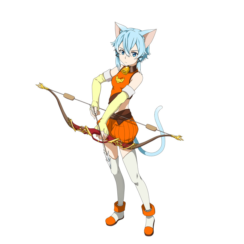 1girl animal_ears arrow bell blue_eyes blue_hair bow_(weapon) cat_ears cat_tail closed_mouth crop_top elbow_gloves fingerless_gloves full_body gloves hair_between_eyes highres holding holding_arrow holding_bow_(weapon) holding_weapon official_art orange_shorts short_hair_with_long_locks short_shorts shorts sidelocks sinon_(sao-alo) solo standing sword_art_online tail thigh-highs transparent_background weapon white_legwear yellow_gloves zettai_ryouiki