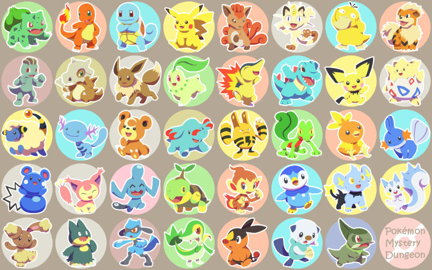 :d ^_^ axew azurill bear bird black_eyes bone brown_eyes bulbasaur buneary cat charmander chikorita chimchar closed_eyes closed_mouth commentary_request copyright_name creature cubone cyndaquil duck eevee elekid facing_viewer fangs fiery_tail fire flame full_body gen_1_pokemon gen_2_pokemon gen_3_pokemon gen_4_pokemon gen_5_pokemon grey_background growlithe happy highres holding holding_bone horn horns looking_at_viewer machop mareep meowth mijinko_(barabadge) monkey mudkip munchlax no_humans open_mouth orange_eyes oshawott pachirisu phanpy pichu pikachu piplup pokemon pokemon_(creature) psyduck rabbit riolu sharp_teeth shinx simple_background sitting skitty skull_helmet smile snivy squirtle standing standing_on_one_leg tail teddiursa teeth tepig togepi torchic totodile treecko turtle turtwig vulpix walking waving wooper wynaut