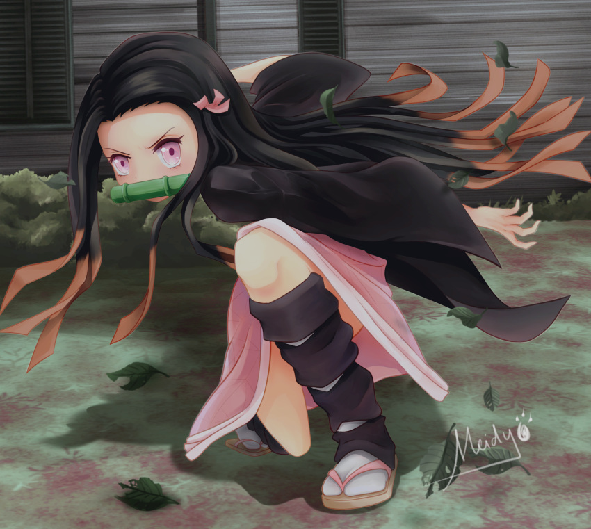 1girl absurdres andreas_meidy arms_up artist_name bamboo bit_gag black_hair brown_hair building commentary english_commentary fighting_stance forehead furrowed_eyebrows gag gradient_hair hair_ribbon haori highres japanese_clothes kamado_nezuko kimetsu_no_yaiba kimono leaf leg_warmers long_hair multicolored_hair one_knee pink_eyes pink_kimono ribbon sandals shadow solo squatting tabi very_long_hair white_legwear