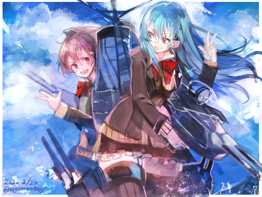 2girls aqua_hair bangs blazer blush breasts brown_hair brown_jacket brown_legwear brown_skirt clouds dated day eyebrows_visible_through_hair grin hair_between_eyes hair_ornament hairclip highres holding jacket kantai_collection kumano_(kantai_collection) long_hair long_sleeves multiple_girls nagasawa_tougo open_mouth outdoors ponytail red_neckwear rigging school_uniform skirt sky smile suzuya_(kantai_collection) thigh-highs twitter_username v water