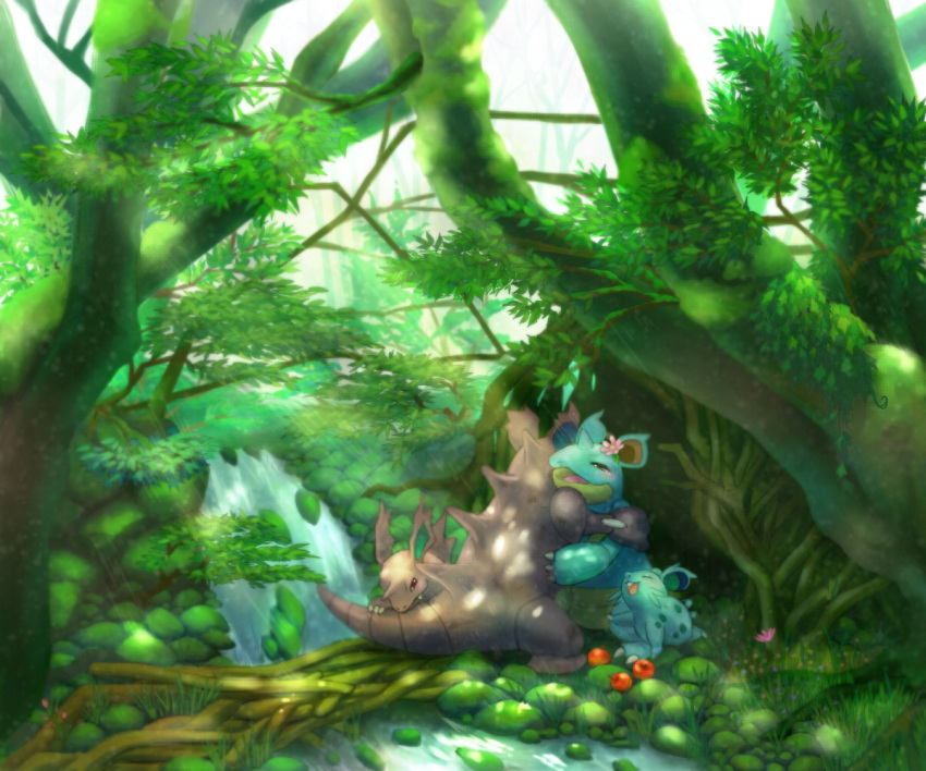 :d ^_^ apple closed_eyes commentary_request creature day flower food forest fruit gen_1_pokemon grass hug kikuyoshi_(tracco) nature nidoking nidoqueen nidoran nidoran_(female) nidorino no_humans open_mouth outdoors pokemon pokemon_(creature) river smile standing sunlight tree water