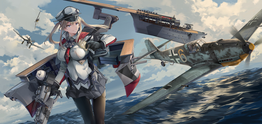 1girl aircraft balkenkreuz bf_109 black_legwear blonde_hair breasts capelet card clouds commentary_request dive_bomber eyebrows_visible_through_hair flight_deck gloves graf_zeppelin_(kantai_collection) grey_eyes hair_between_eyes hat headgear highres holding holding_card ju_87 kantai_collection large_breasts long_hair long_sleeves machinery neko_(yanshoujie) ocean outdoors pantyhose peaked_cap pleated_skirt rigging sidelocks skirt sky smile turret twintails