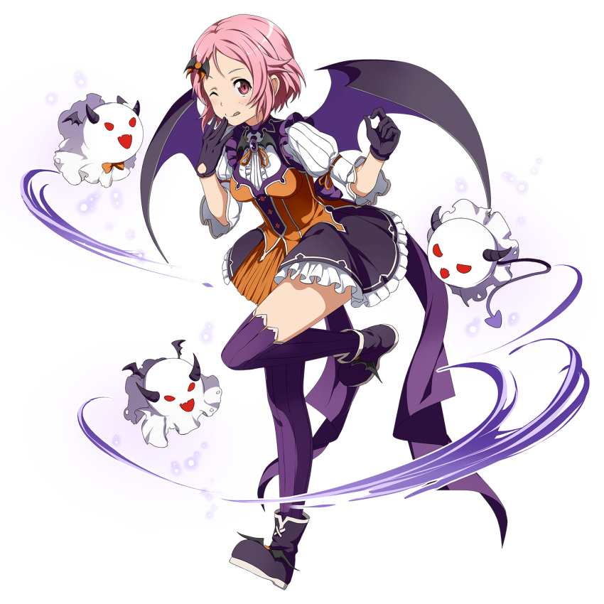 1girl ;p bangs bat_hair_ornament black_footwear black_skirt black_wings closed_mouth dress_shirt freckles frilled_skirt frills full_body gloves hair_ornament halloween halloween_costume highres lisbeth long_sleeves looking_at_viewer miniskirt neck_ribbon official_art one_eye_closed orange_ribbon pink_hair purple_gloves purple_legwear red_eyes ribbon ribbon-trimmed_sleeves ribbon_trim shiny shiny_hair shirt short_hair skirt smile solo standing standing_on_one_leg swept_bangs sword_art_online thigh-highs tongue tongue_out transparent_background vampire white_shirt wings zettai_ryouiki
