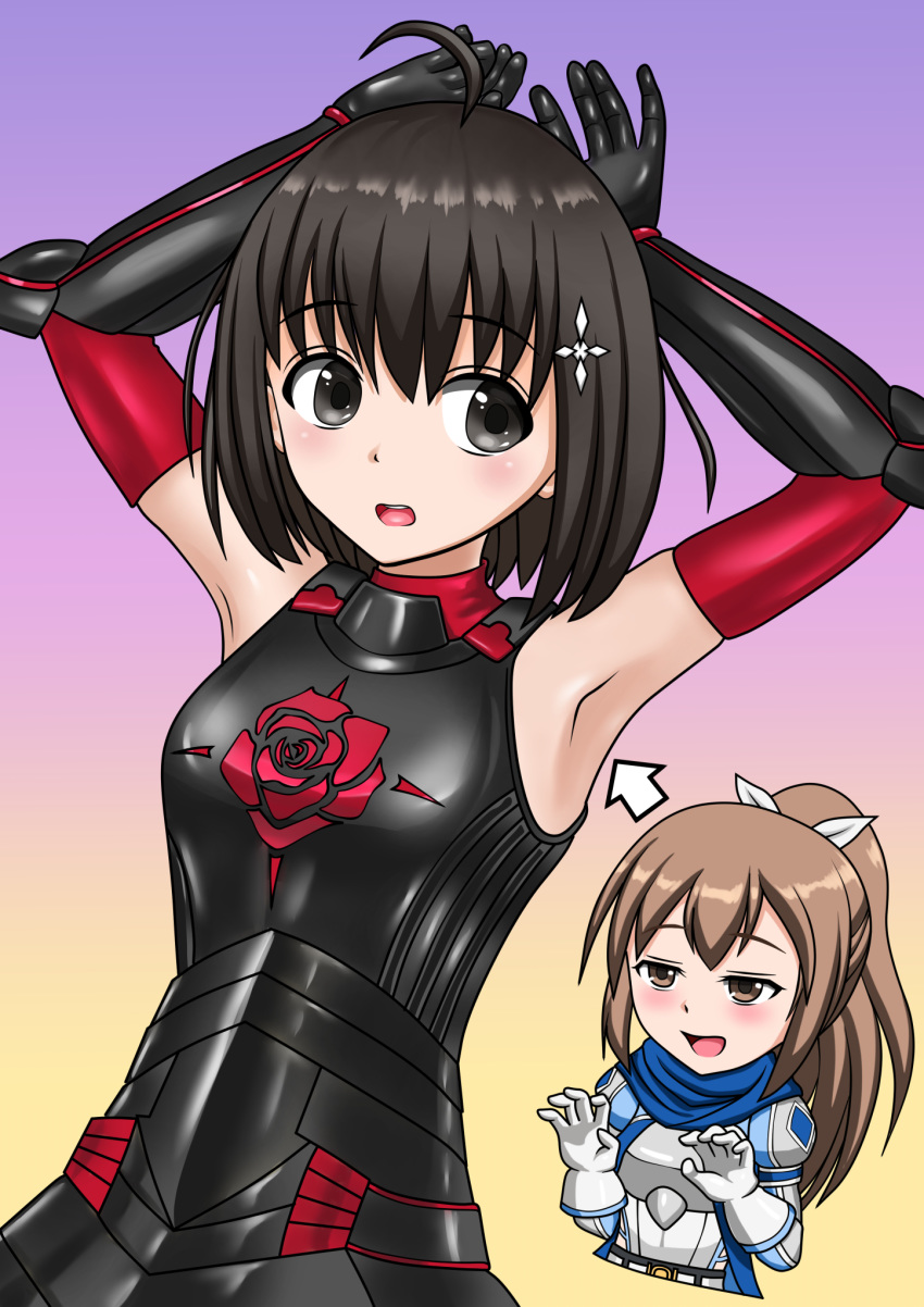 2girls ahoge armor armpits arms_up arrow black_armor black_eyes black_hair blush breastplate brown_eyes brown_hair commentary_request directional_arrow female_pervert floral_print gloves gradient gradient_background hair_ornament hair_ribbon highres itai_no_wa_iya_nano_de_bougyoryoku_ni_kyokufuri_shitai_to_omoimasu long_hair looking_at_another looking_to_the_side maple_(bofuri) maple_(itai_no_wa_iya_nano_de_bougyoryoku_ni_kyokufuri_shitai_to_omoimasu) multiple_girls naughty_face open_mouth pervert ribbon rose_print sally_(bofuri) sally_(itai_no_wa_iya_nano_de_bougyoryoku_ni_kyokufuri_shitai_to_omoimasu) scarf simple_background tsumazu upper_body vambraces yuri