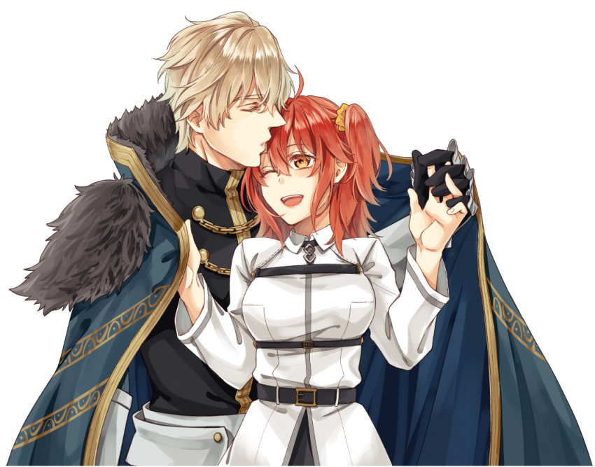 1boy 1girl ;d ahoge bangs black_gloves blonde_hair breasts cape chaldea_uniform closed_eyes commentary_request eyebrows_visible_through_hair fate/extra fate/grand_order fate_(series) fujimaru_ritsuka_(female) gawain_(fate/extra) gawain_(fate/grand_order) gloves hair_between_eyes hair_ornament hair_scrunchie hetero large_breasts nishinishihigas one_eye_closed one_side_up open_mouth orange_eyes orange_hair scrunchie short_hair side_ponytail simple_background smile white_background