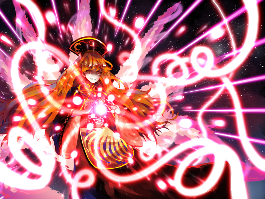 1girl attack chinese_clothes crazy_eyes crazy_grin crazy_smile danmaku ears evil_grin evil_smile eyebrows eyebrows_visible_through_hair floating floating_hair glowing grin headwear highres junko_(touhou) long_hair night open_eyes open_mouth orange_hair outdoors shaded_face sky smile spell_card standing star star_(sky) starry_sky sunyup teeth touhou traditional_clothes wavy_hair wide-eyed wide_sleeves wind