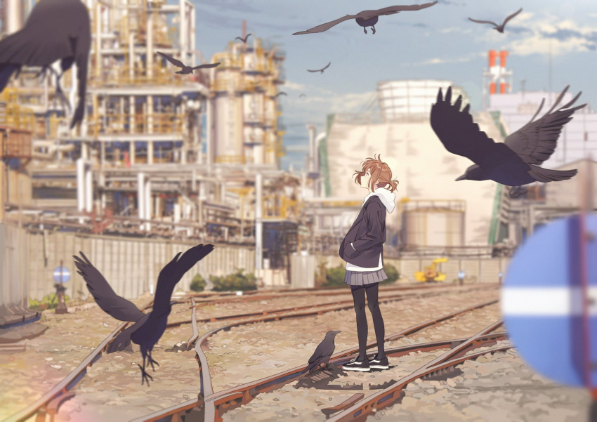 1girl bird brown_hair clouds crow day english_commentary fence flock gravel hands_in_pockets highres hood hoodie industrial issindotai jacket looking_away looking_up original pantyhose railroad_tracks shoes short_hair sign skirt sky sneakers solo standing