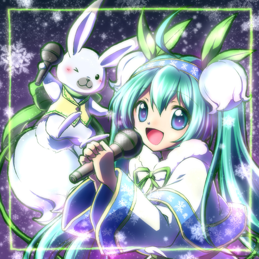 1girl ahoge aqua_eyes aqua_hair capelet dress flower fur-trimmed_capelet fur_trim gold_trim green_scarf hair_flower hair_ornament hairband hands_up hatsune_miku highres holding holding_microphone long_hair looking_at_viewer microphone miesa night one_eye_closed open_mouth rabbit rabbit_yukine scarf smile snowbell_(flower) snowflake_print snowflakes snowing twintails upper_body very_long_hair vest vocaloid white_capelet white_dress yuki_miku yuki_miku_(2015)