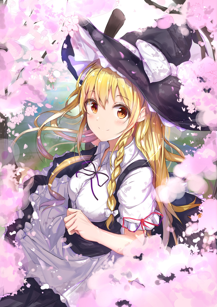 1girl absurdres apron bangs black_headwear black_skirt blonde_hair bow braid breasts cherry_blossoms collared_shirt commentary day dress eyebrows_visible_through_hair frilled_apron frilled_dress frilled_sleeves frills hat hat_bow highres in_tree kirisame_marisa long_hair looking_at_viewer medium_breasts na_kyo orange_eyes outdoors purple_ribbon red_ribbon ribbon shirt short_sleeves side_braid skirt solo spring_(season) suspender_skirt suspenders touhou tree underwear waist_apron white_apron white_bow white_shirt witch_hat