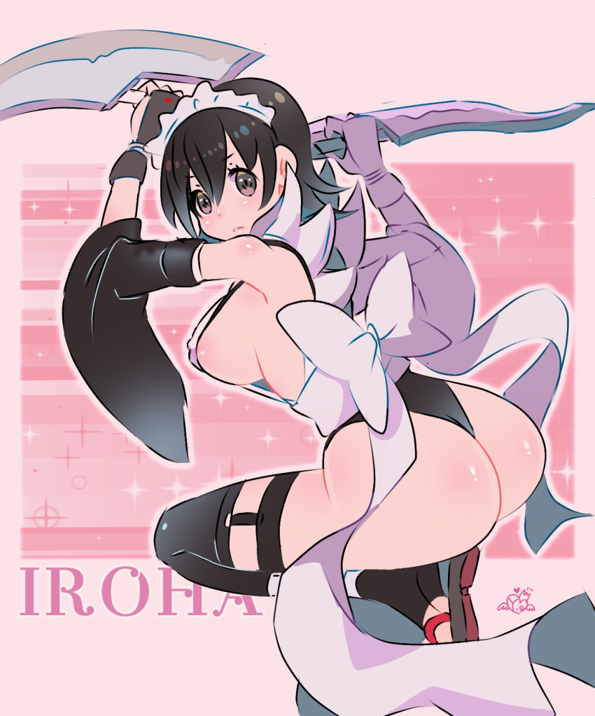 1girl ass black_eyes black_hair black_legwear bow breasts character_name dual_wielding hair_between_eyes highres holding holding_weapon iroha_(samurai_spirits) japanese_clothes large_breasts maid maid_headdress pink_background samurai_spirits short_hair sideboob solo thigh-highs weapon yumecan2