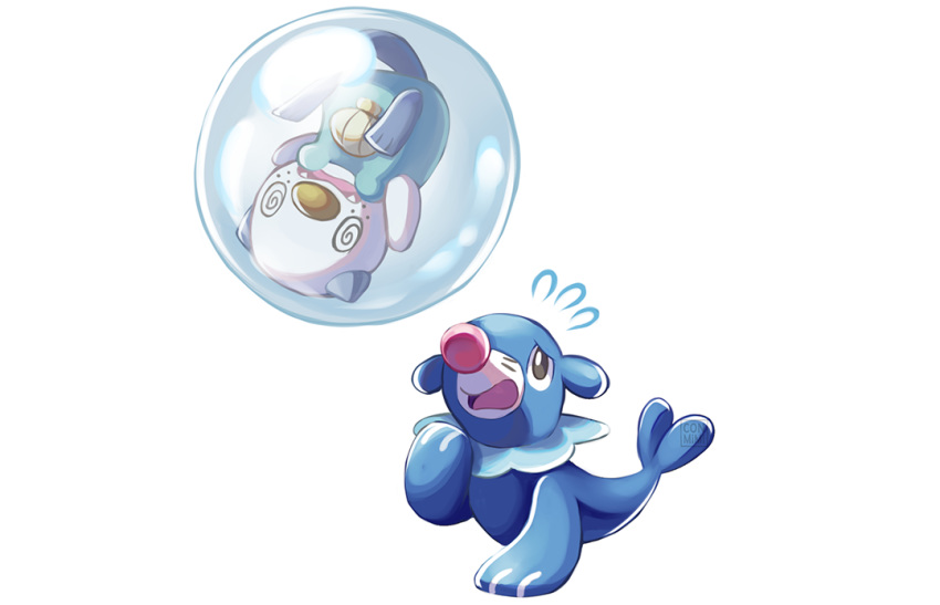 @_@ bubble commentary conmimi creature dizzy_(feeling) english_commentary fangs floating full_body gen_6_pokemon gen_7_pokemon in_bubble looking_at_another looking_up no_humans oshawott pokemon pokemon_(creature) popplio simple_background white_background